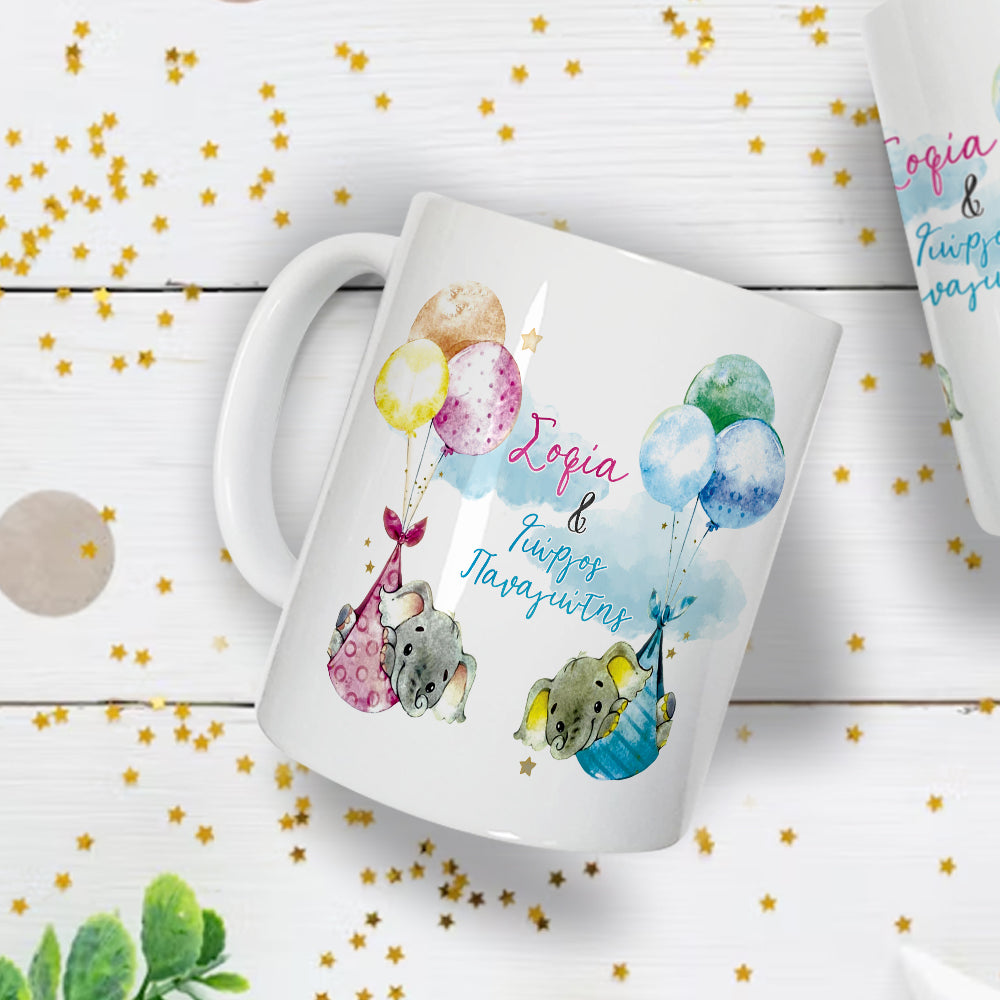 🐘💙💖 Κούπα Βάπτισης Διδύμων – Θέμα Ελεφαντάκια για Αγόρι & Κορίτσι