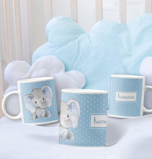 🐘💙 Κούπα Βάπτισης για Αγόρι – Ελεφαντάκι με Σιέλ Πουά 🎈☁️