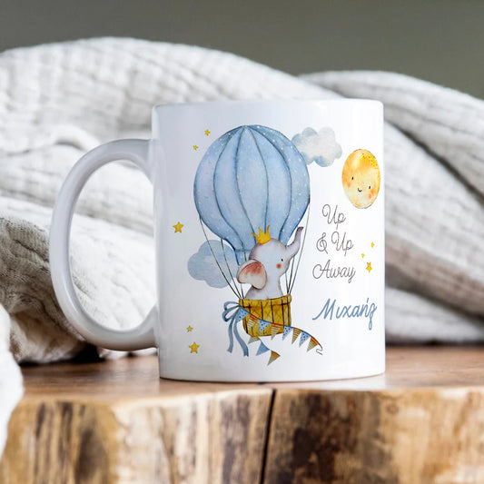 ☁️🎈 Κούπα Βάπτισης – "Up & Up Away" με Ελεφαντάκι & Αερόστατο