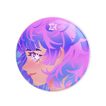 Circular product with anime-style character and colorful hair on a white background